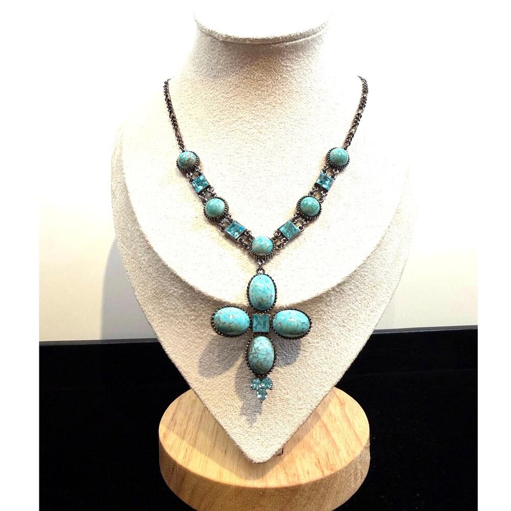 P.O.F.J. Pride of Fashion Turquoise & Crystal Cross Necklace